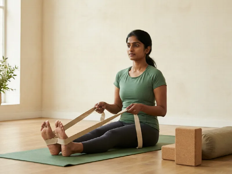 Seated yoga practitioner using a strap with cork blocks and a bolster nearby